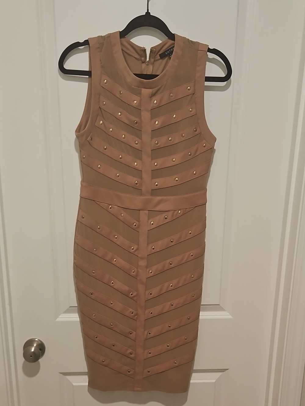 Sleeveless Studded Sheath Dress in Camel